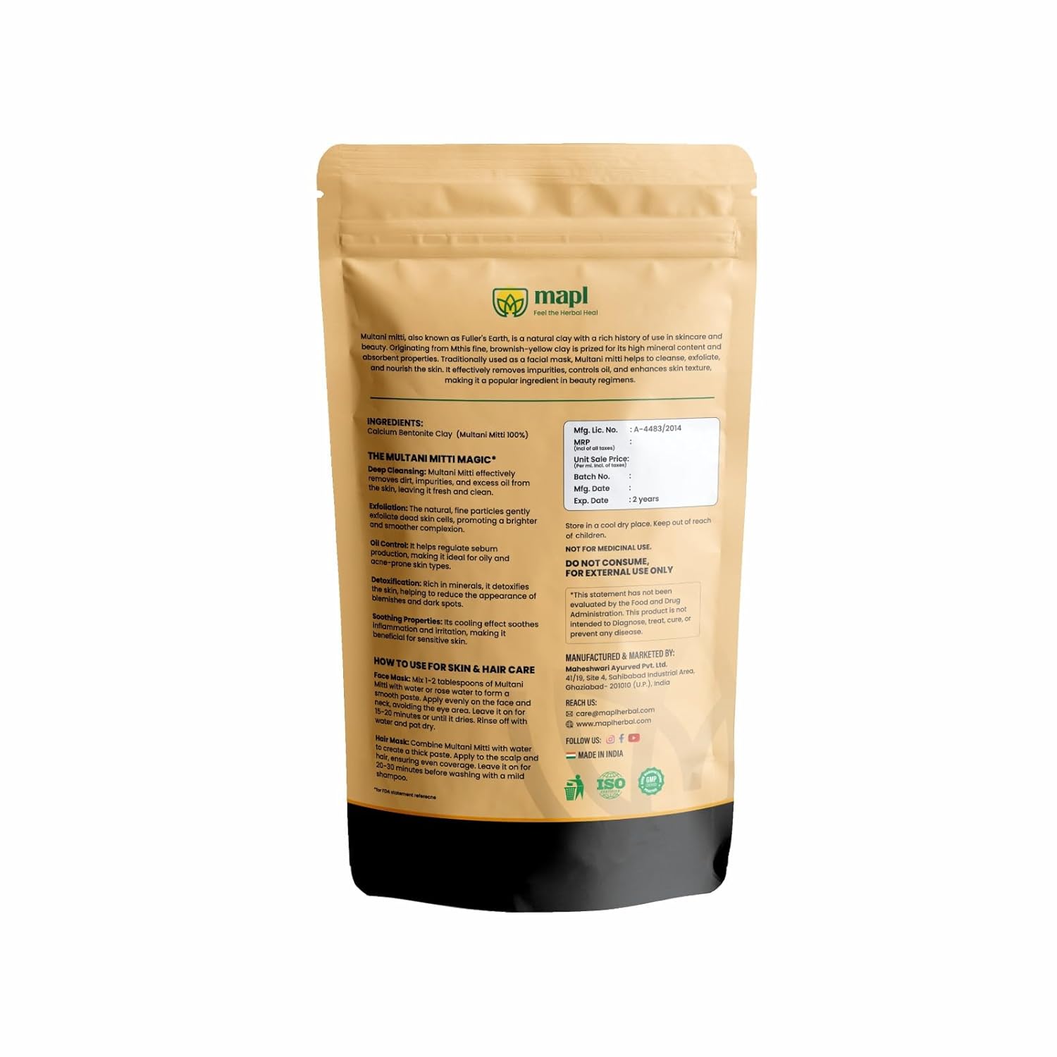 MAPL Multani Mitti Powder Fuller's Earth Clay | 100% Healing Clay for Skin Cleansing, Face Masks, Body Scrubs | Natural Calcium Bentonite Clay | Herbal Face Pack for All Skin Types | 7.05 oz (200g) - Image 2