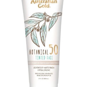 Australian Gold Botanical SPF 50 Tinted Face Sunscreen, Non-Chemical BB Cream, Water-Resistant, Matte Finish, Sensitive Skin, 3 FL Oz