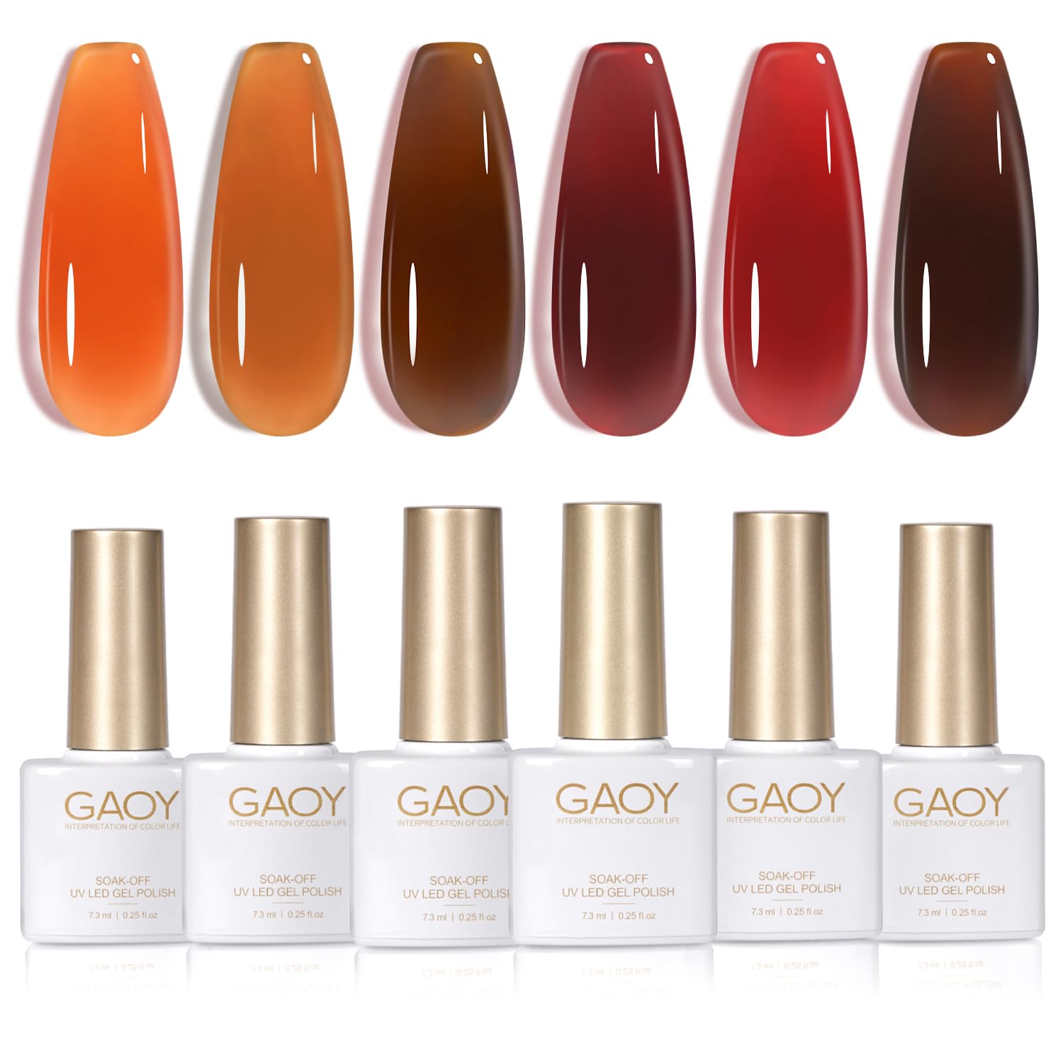 GAOY Jelly Brown Gel Nail Polish Set, 6 Transparent Colors Dark Red Orange Pumpkin Soak Off UV Light Cure Gel Polish Kit for Salon and Nail Art DIY at Home