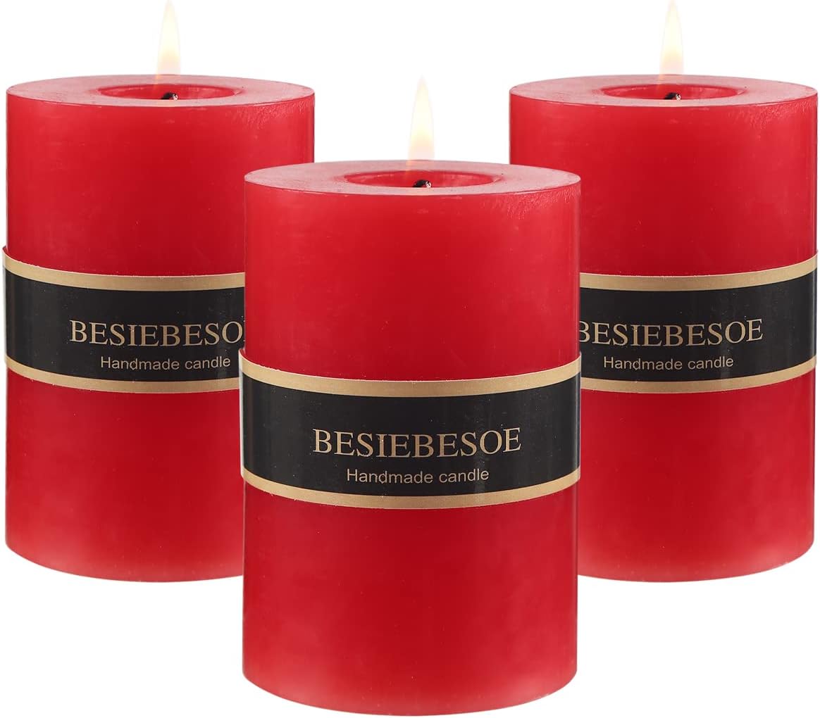 3 x 4 Red Pillar Candles Set of 3 Unscented Handpoured Weddings, Home Decoration, Restaurants, Spa, Church Smokeless Cotton Wick - Image 2