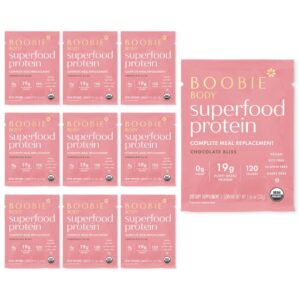 Boobie Body Superfood Protein Meal Replacement Shake, Chocolate Bliss Flavor | 19g Protein | Safe For Pregnancy, Lactation, & Motherhood | Organic, Vegan, Zero Sugar, 10 Single Serve Packets (1.16 oz each)