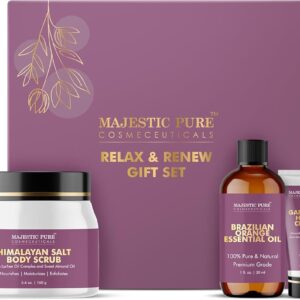 Majestic Pure Fathers Day Gift Set Set of 5- (Brazilian Orange Oil 1oz, Scented Candle - 50g, Gardenia Hand Cream - 20g, Himalayan Salt Body Scrub - 160g, Gold Face Mask - 100g)