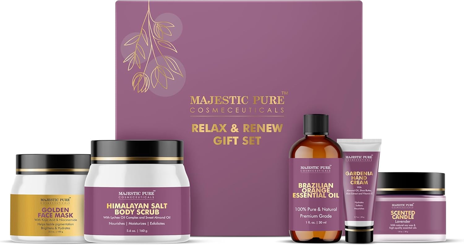 Majestic Pure Fathers Day Gift Set Set of 5- (Brazilian Orange Oil 1oz, Scented Candle - 50g, Gardenia Hand Cream - 20g, Himalayan Salt Body Scrub - 160g, Gold Face Mask - 100g)