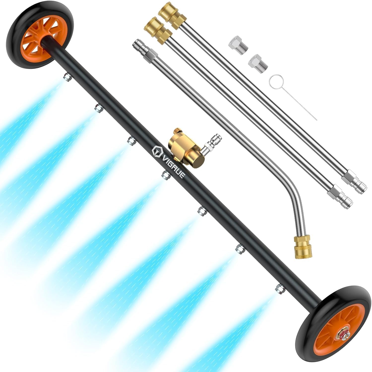 VIGRUE 2-in-1 undercarriage Pressure Washer Attachment,24 Inch Pressure Washer Water Broom with 7 Nozzles,Under Car Washer Cleaner with 3 Pieces Extension Wand,4000 PSI,Orange