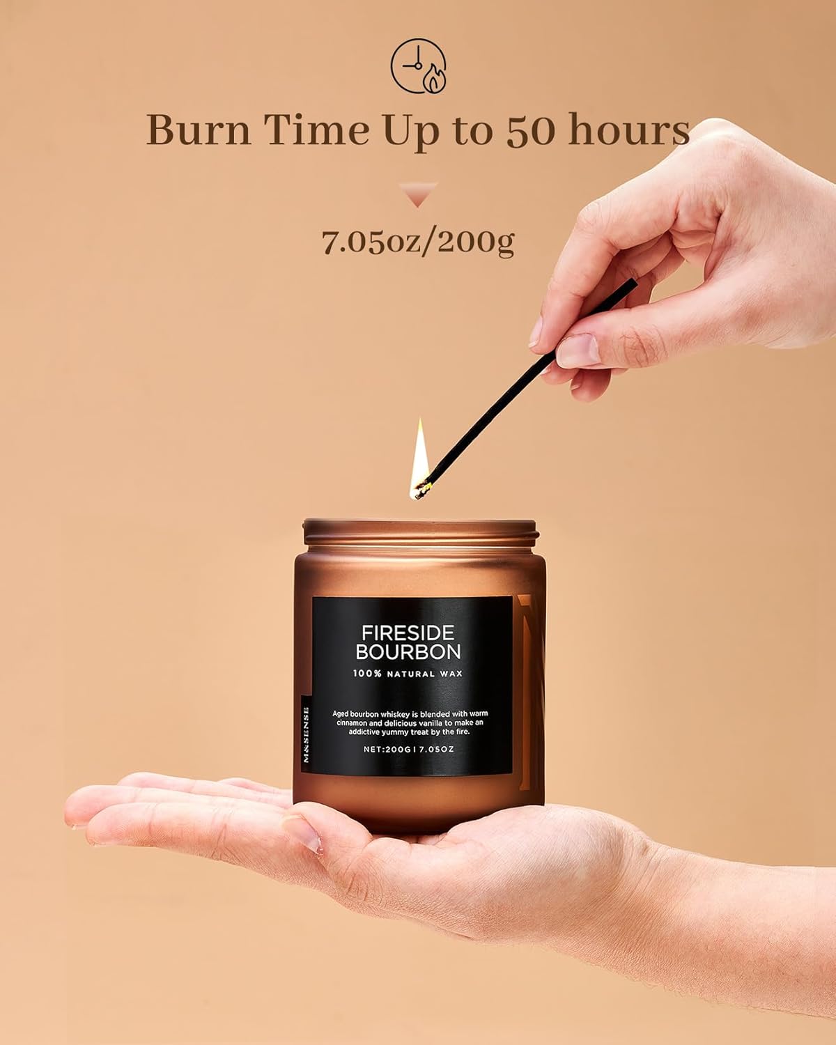 M&SENSE Fireside Bourbon Jar Candle, Clean Non-Toxic Soy Wax Campfire Candle Smoky Candle, Cotton Fall Scented Candle for Home Decor, 7.05oz Up to 50 Hours Burn Time Aromatherapy Candle for Bathroom - Image 4