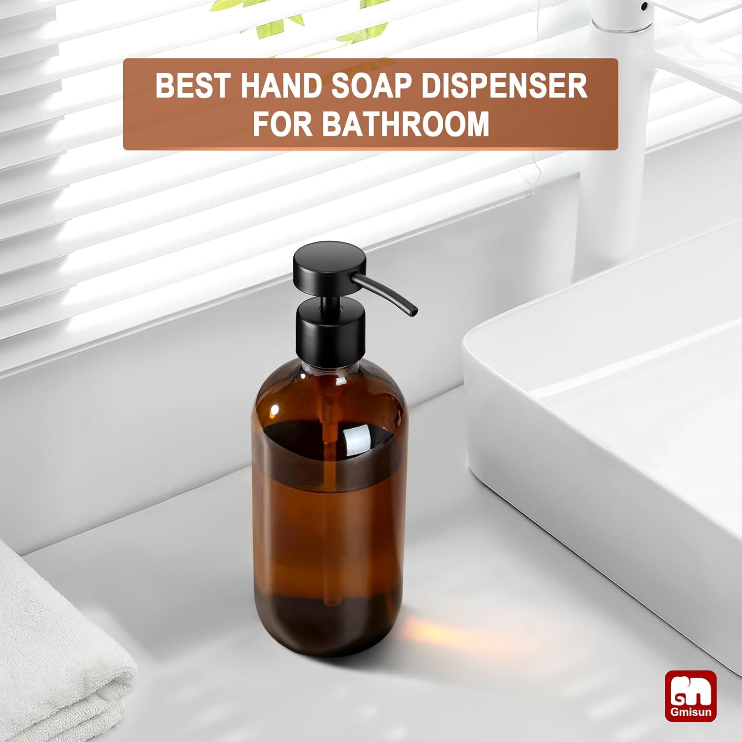 GMISUN 17 Fl Oz Amber Glass Soap Dispenser with Stainless Steel Pump for Kitchen - Image 5