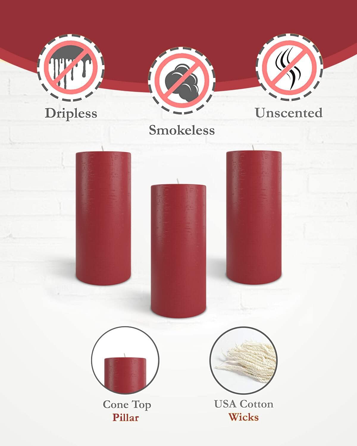 Set of 6 Cranberry 3" x 6" Dripless Unscented Mottled Pillar Candles for Home Decor - Image 3
