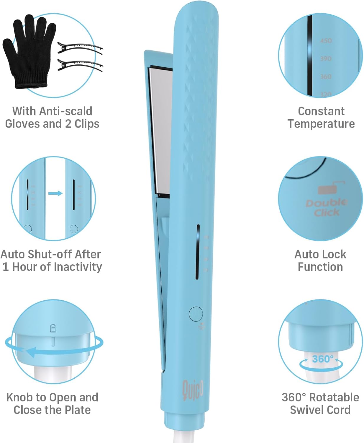 Quico Hair Straightener, 110-240V Global Travel Hair Straighteners for Women, 15s Fast Heating, Professional Negative Ion Flat Iron, Temp Memory, 320℉-450℉, Auto-Off, with Glove and Clips, Gift, Blue - Image 6
