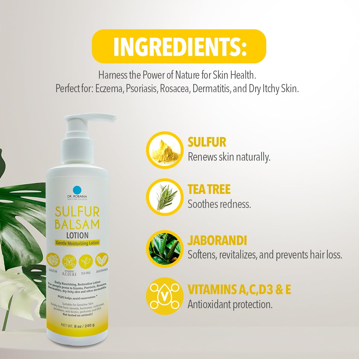 Dr. Robaina Sulfur Balsam Lotion – Daily Moisturizing Lotion for Eczema and Psoriasis Relief – Soothes Redness, Hydrates Sensitive Skin – Natural Ingredients – Made in the USA (Pack of 1) - Image 7