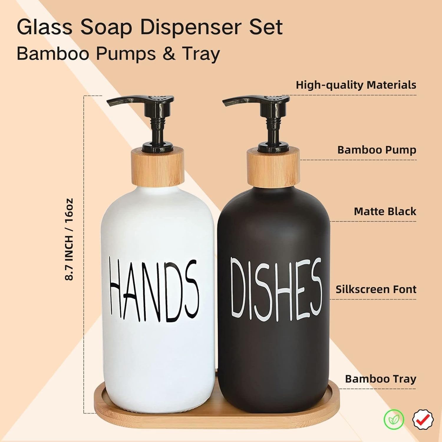 Glass Soap Dispenser Set with Bamboo Tray for Kitchen and Bathroom, 16 oz Capacity - Image 2