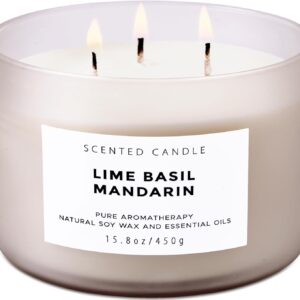 Lime Basil Mandarin Scented Candle - Large 3 Wick Soy Candle 15.8 oz - Aromatherapy Candle for Stress Relief - Fresh Citrus Scented Candles - Long Lasting Clean Burn - Gift for Women & Men