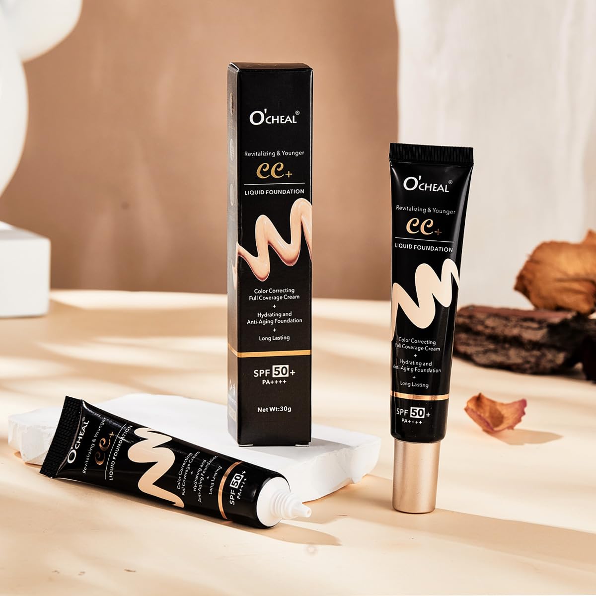O'CHEAL CC Cream with SPF 50+, Hydrating Color Correcting Cream Full Coverage Lightweight Powder Foundation, Waterproof Long Lasting Pre-makeup Primer Facial Concealer Refine Skin Texture (Ivory) - Image 8