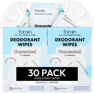 FOMIN Travel Deodorant Wipes - 30 Count - Unscented - pH Balanced, Hypoallergenic Mini Deodorant Wipes For Women and Men - Plastic-Free, Individually Wrapped Underarm & Body Wipes