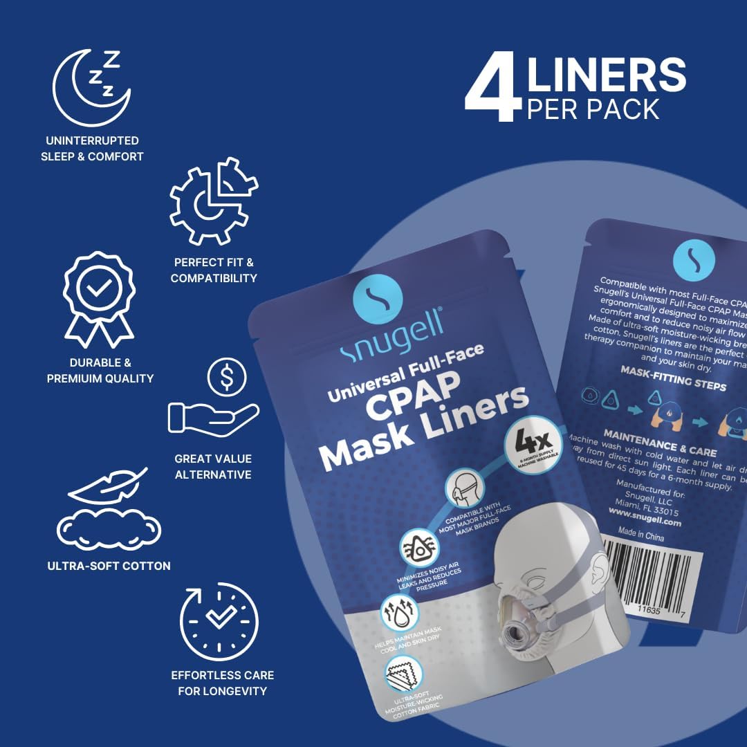 Snugell CPAP Mask Liners Full-Face (4-Pack) – White – Soft Cotton Fabric CPAP Skin Protector for Universal Fit – Reduces Skin Irritation, Air Leaks – Reusable & Washable for 6-Month Supply - Image 2