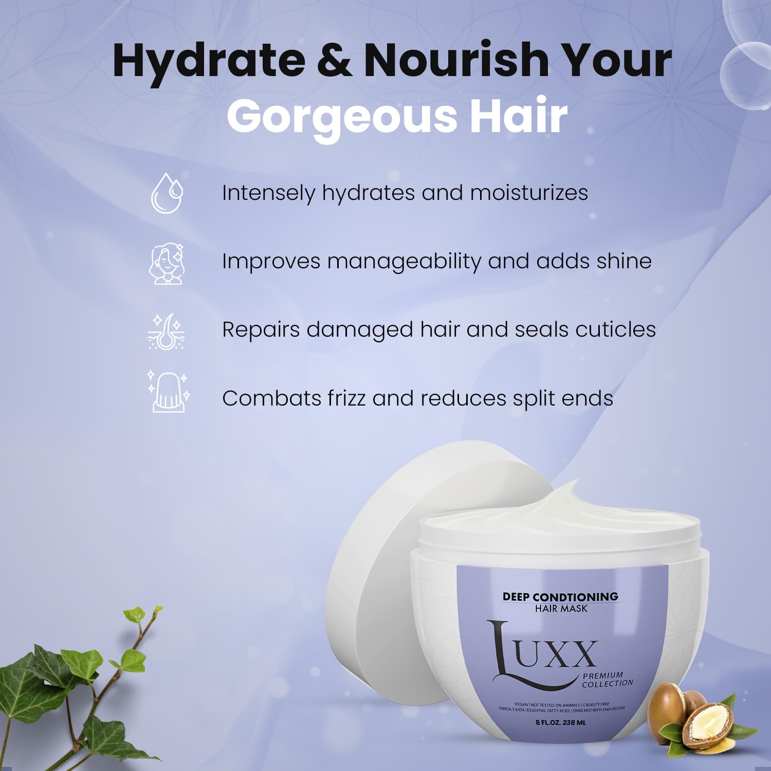 Luxx Deep Conditioning Hair Mask | Shea Butter & Argan Oil Vegan Deep Moisturizing Mask for Dry & Damaged Hair| Combats Frizz | Restores Moisture | Paraben & Sulfate-Free (8 Fl. Oz), Clear - Image 3