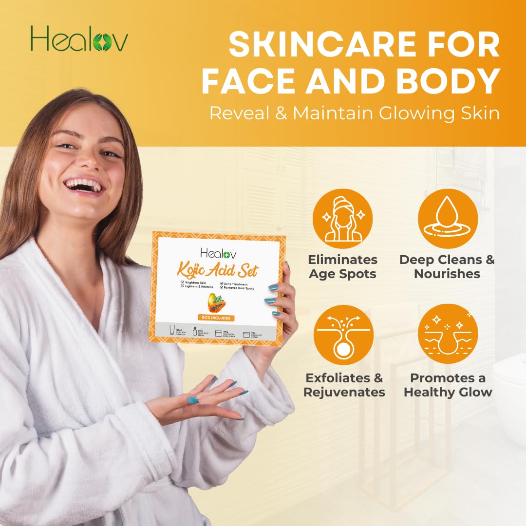 Kojic Acid Skincare Set – Kojic Soap Cleanser, Exfoliating Body Scrub, Face Cream & Brightening Facial Serum – Skin Brightening Hyperpigmentation Treatment, Dark Spot Corrector – with Turmeric Papaya - Image 3