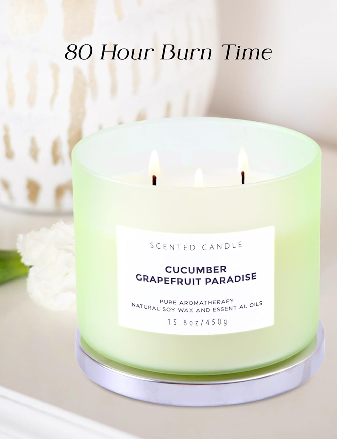 Cucumber Grapefruit Melon Scented Candle | Large 3 Wick Soy Candle for Home 15.8 oz | Refreshing Spring & Summer Aromatherapy Stress Relief Candles Long Lasting | Relaxing Candles for Women & Men - Image 7