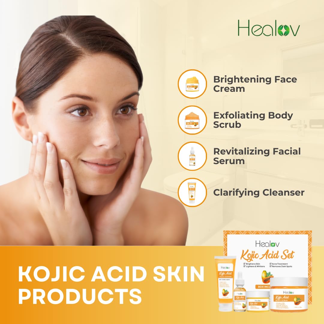 Kojic Acid Skincare Set – Kojic Soap Cleanser, Exfoliating Body Scrub, Face Cream & Brightening Facial Serum – Skin Brightening Hyperpigmentation Treatment, Dark Spot Corrector – with Turmeric Papaya - Image 2