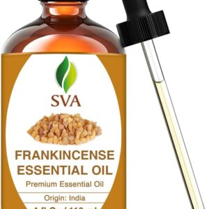 SVA Frankincense Essential Oil – 4 Fl Oz – 100% Natural Boswellia Serrata Oil - for Diffuser, Hair Care, Face, Skin Care, Aromatherapy, Scalp and Body Massage, Soap and Candle Making – with Dropper