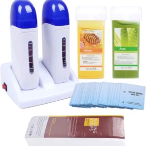 110V Double Wax Roller Portable Depilatory Wax Warmer Refill Kit with ON/OFF Switch Heater Base for Leg Eyebrow FaciaL Armpit Bikini Brazilian Hair Removal (Honey & Aloe Wax Cartridge)