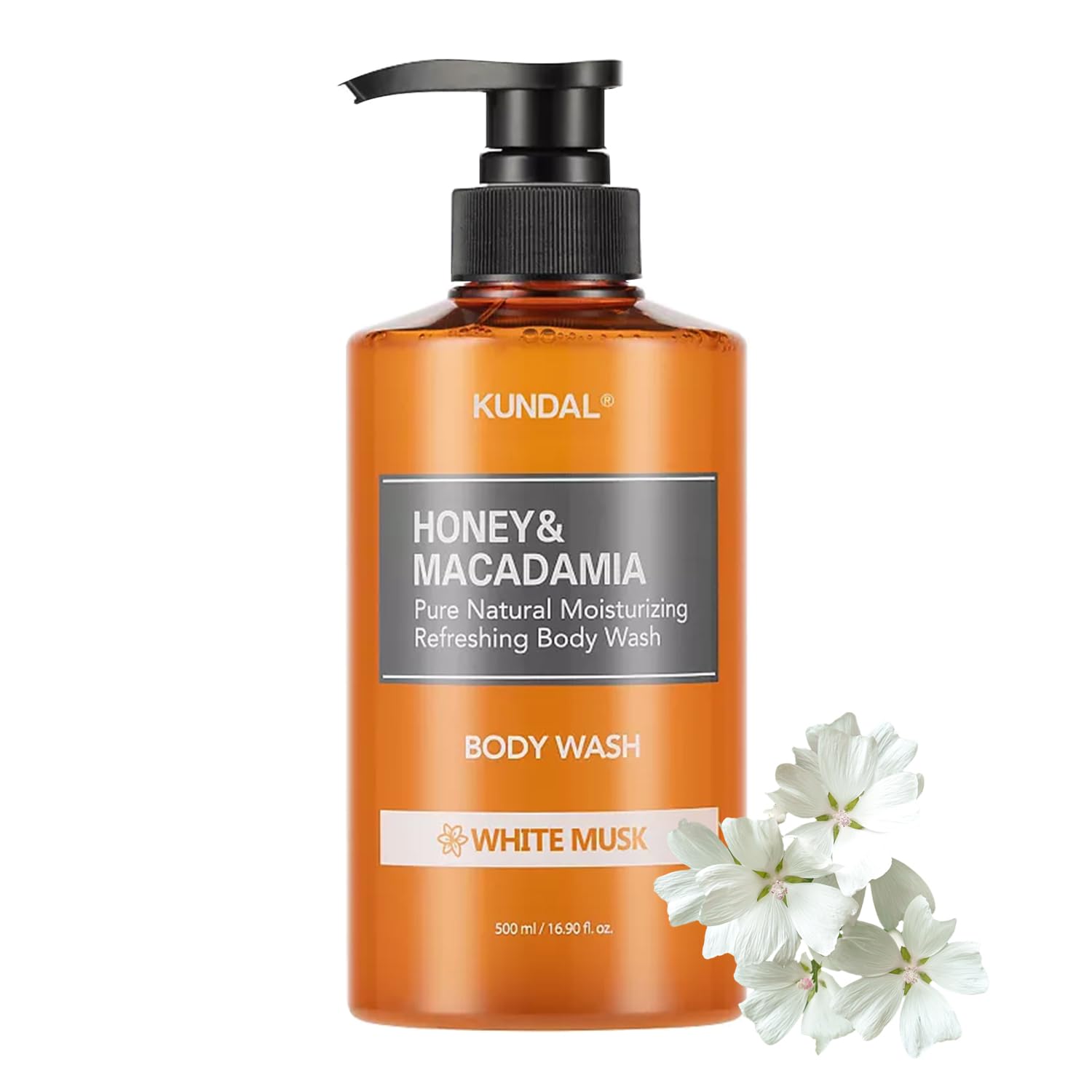 KUNDAL Nature Honey & Macadamia Natural Moisturizing Body Wash Deep Nourishment, Natural Extracts Blend, 10,000 ppm Honey, Safe for All Ages, Soft & Smooth Skin 16.9 fl oz (Pack of 1) (White Musk)