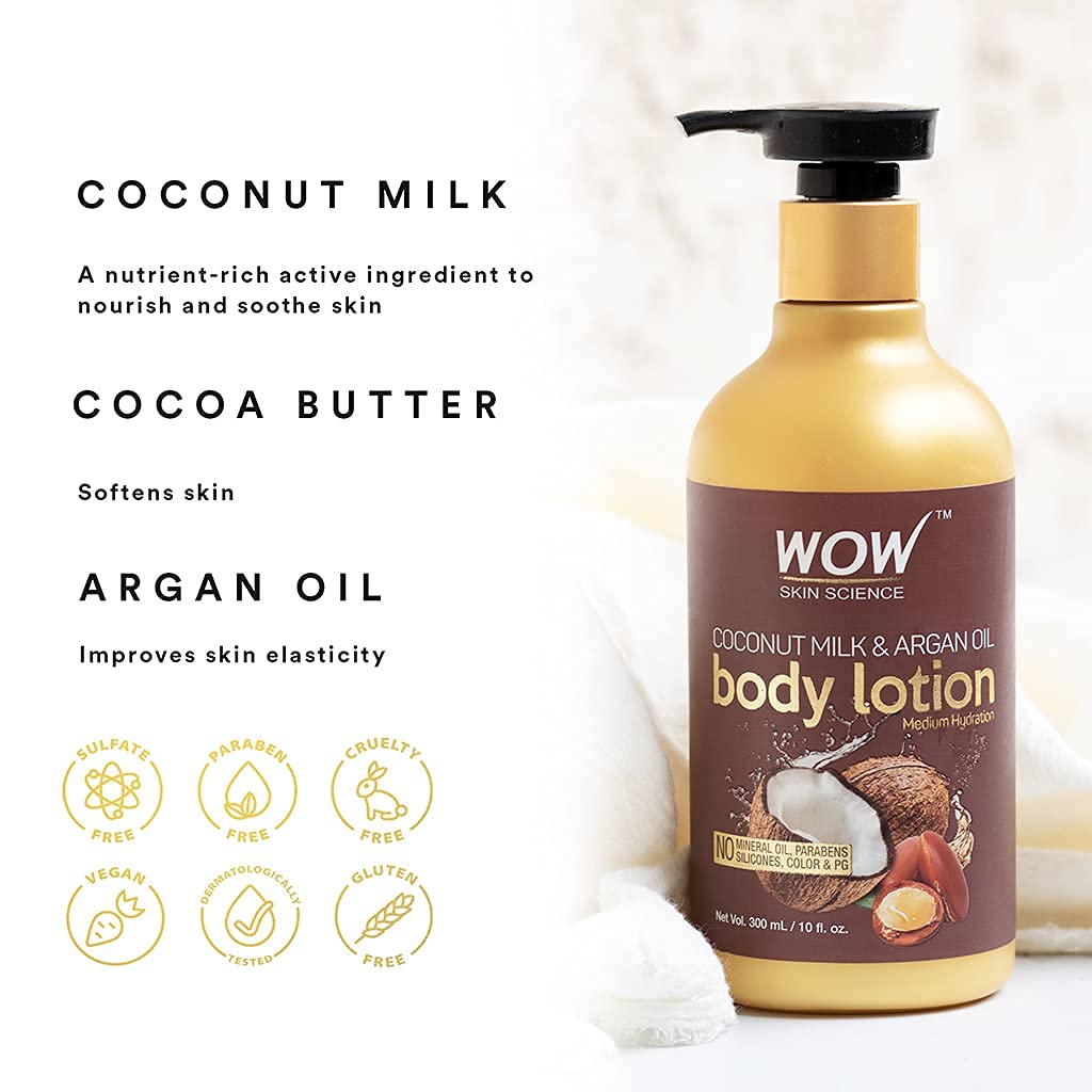 WOW Coconut Milk & Argan Oil (Medium Hydration) - Moisturizing Body Lotion For Women, Men, Teens - Enhanced Skin Care To Soothe Dry, Itchy, Sensitive Skin With Nourishing Vitamins & Nutrients - 300ml - Image 2
