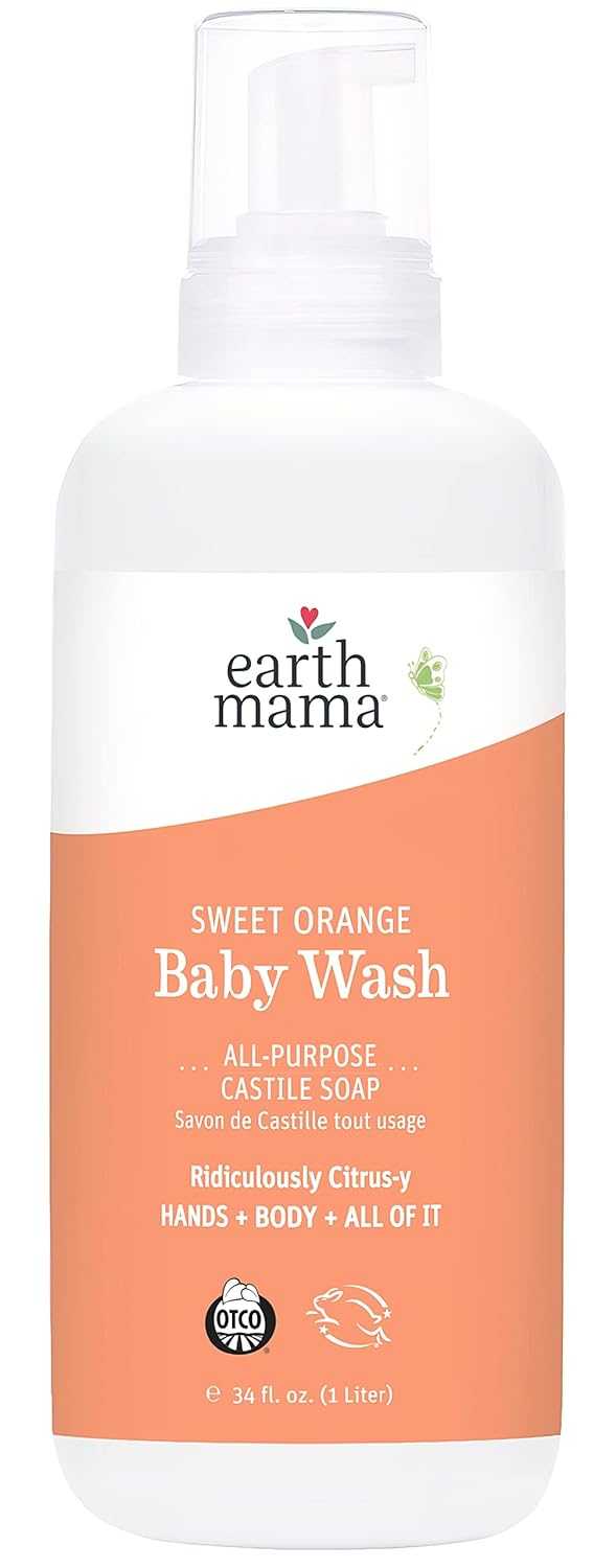 Earth Mama Sweet Orange Baby Wash Liquid Hand Soap Refill, Organic Body Wash for Sensitive Skin, All Purpose Castile Soap Liquid with Coconut Oil, Shea Butter, Calendula & Aloe, 34 fl oz
