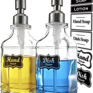 JASAI 2Pack Antique Design Glass Soap Dispenser with Rust Proof 304 Stainless Steel Pump, Refillable Hand Soap Dispenser with 10Pcs Stickers, Premium Soap Dispensers for Kitchen & Bathroom (Clear)