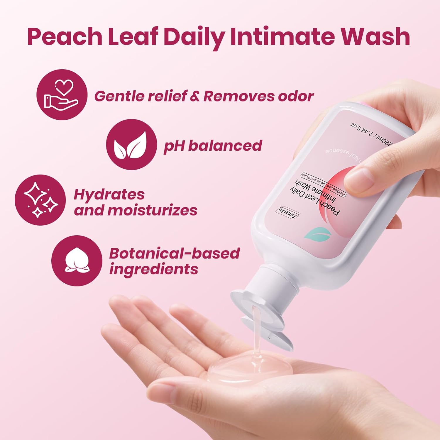 FuYanJie Peach Leaf Feminine Wash For intimate area Hygiene and Itchy, pH Balanced Body Wash with Lactic Acid For Sensitive Skin, Gentle Hydration, Odor Neutralization & Daily Hygiene, 220ml/7.44oz - Image 2