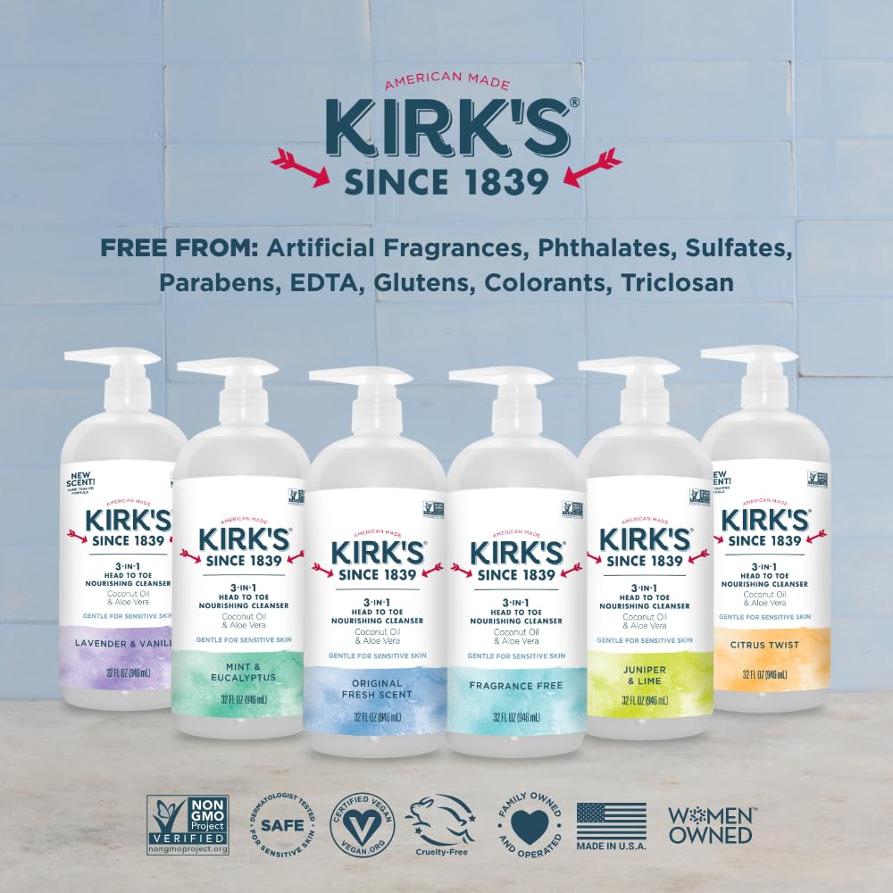 Kirk's 3-in-1 Head to Toe Nourishing Liquid Cleanser & Travel Size Bar Soap - for Men, Women & Children - Premium Coconut Oil & Aloe Vera- Non GMO & Vegan -Mint & Eucalyptus - 32 Fl Oz - Image 7