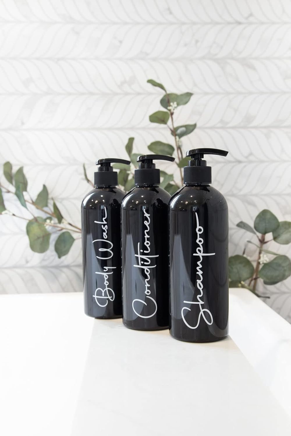Alora Reusable Shampoo and Conditioner Bottles - Set of 3 - Matte Black - Permanent Stylish Labels - 16oz Pump Bottle Dispenser for Shampoo, Conditioner, Body Wash - Plastic Refillable Containers… - Image 5