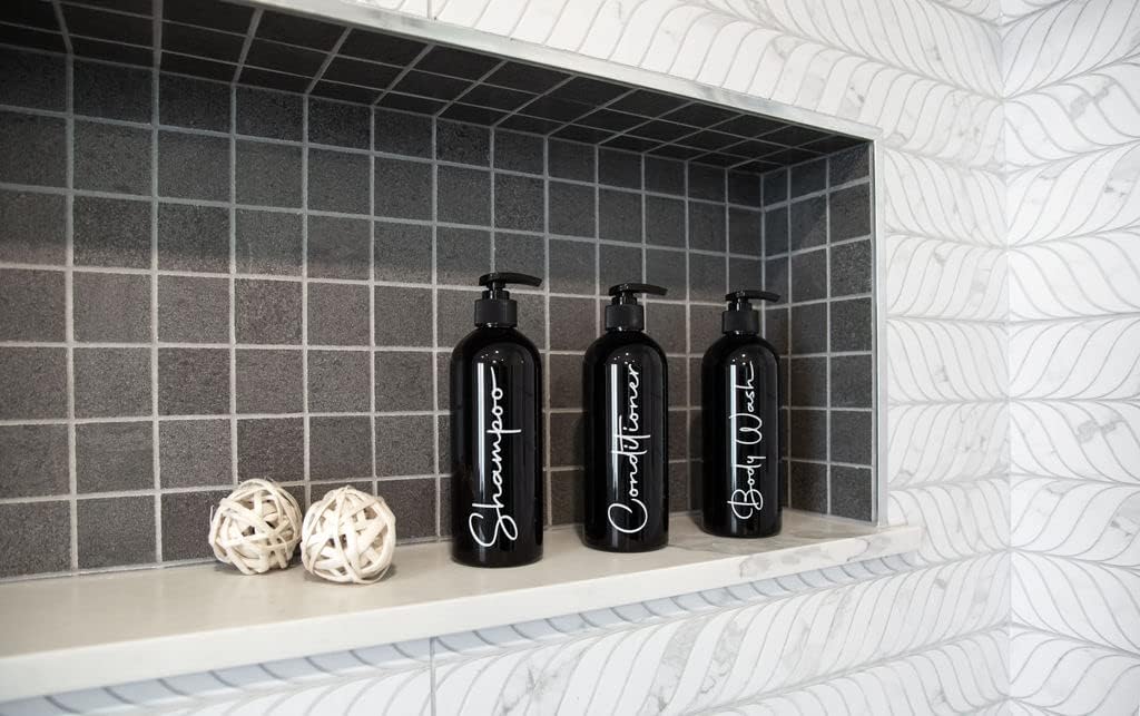 Alora Reusable Shampoo and Conditioner Bottles - Set of 3 - Matte Black - Permanent Stylish Labels - 16oz Pump Bottle Dispenser for Shampoo, Conditioner, Body Wash - Plastic Refillable Containers… - Image 4