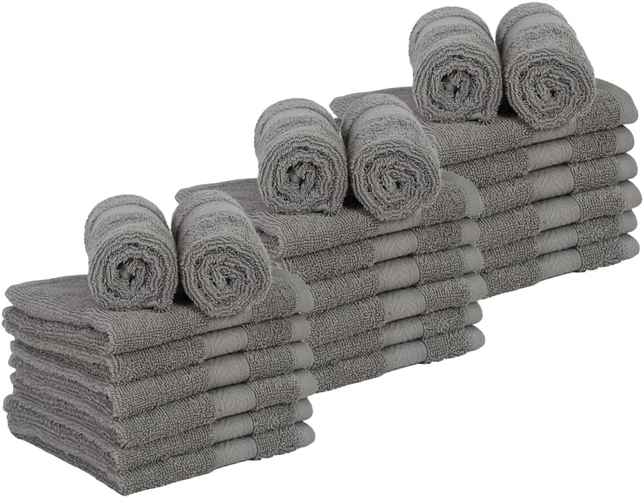 Casa Lino Face Towels & Body Wash Cloths for Showering - 100% Cotton Wash Cloths for Bathroom - Highly Absorbent & Quick Drying Washcloth Set - Cotton Washcloths 24 Pack (12" x 12") - (Silver Grey)