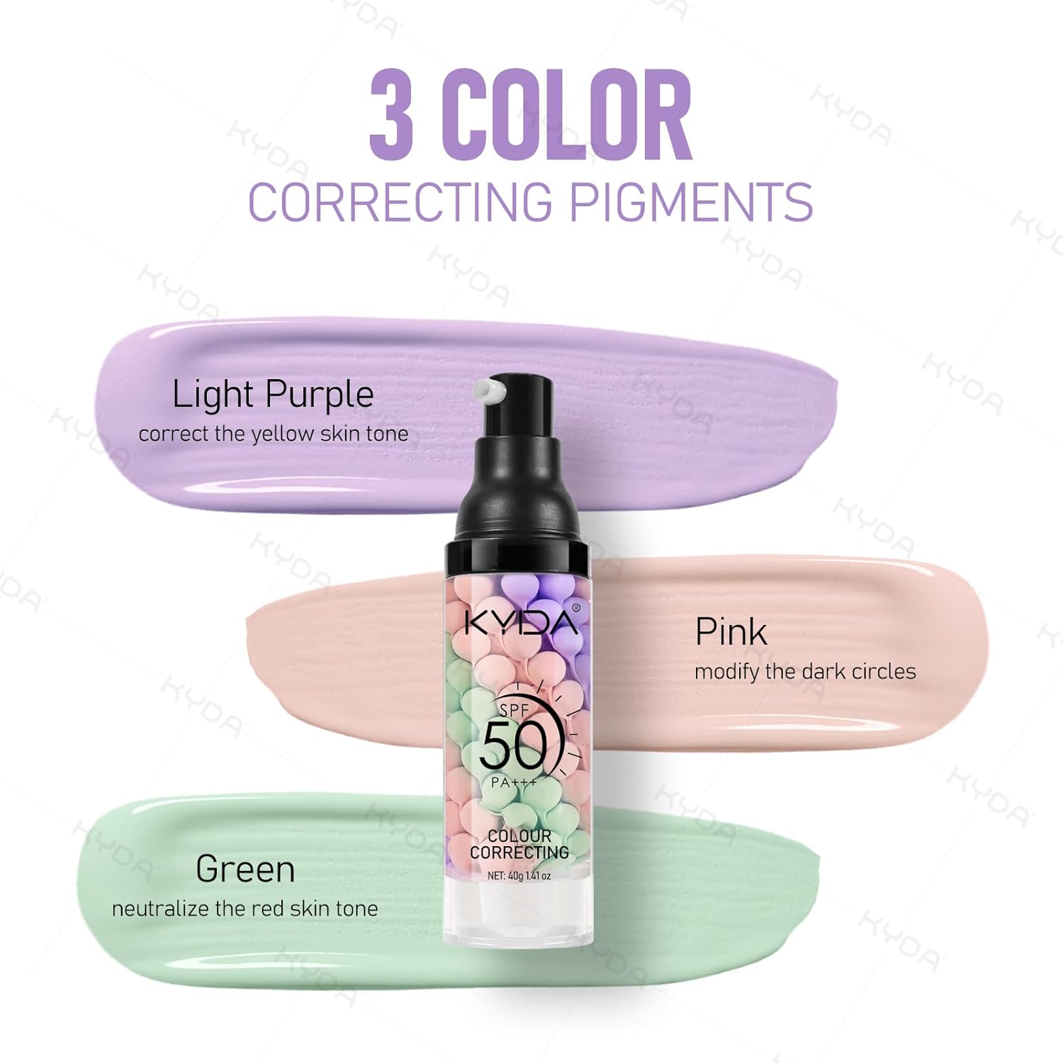 KYDA Color Correcting Facial Serum, SPF 50 PA+++, Moisturizing Makeup Primer, One Step Brightening Primer to Even Skin Tone, Oil Control Skin Corrector, Sheer Finish, Refreshing, Purple Pink Green - Image 2