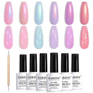 RARJSM Pearlescent Gel Nail Polish Set Mermaid Dreams Iridescent Shell Glitter Gel Polish 6 Colors Pink Blue Green Purple Gold Shimmer Swirl Thread Effect Soak Off Curing Requires Home Salon