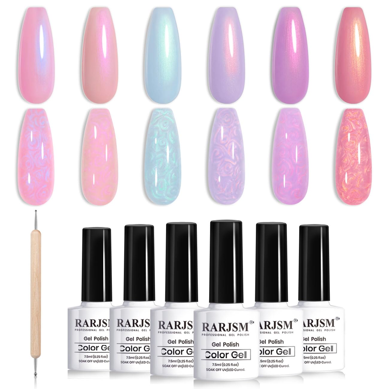 RARJSM Pearlescent Gel Nail Polish Set Mermaid Dreams Iridescent Shell Glitter Gel Polish 6 Colors Pink Blue Green Purple Gold Shimmer Swirl Thread Effect Soak Off Curing Requires Home Salon
