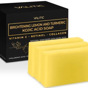 VALITIC Brightening Lemon & Turmeric Kojic Acid Soap with Vitamin C, Retinol, Collagen - Original Japanese Complex Infused with Hyaluronic Acid, Vitamin E, Shea Butter, Castile Olive Oil (3 Pack)