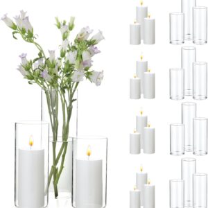 UDU Set of 12 White Pillar Candles and 12 Glass Cylinder Vases Hurricane Holders, Slim Pillar Candle Holder, Cylinder Vases for Centerpieces Wedding Table Party Home Decor(2.6" X 4.7", 5.9", 7.9")