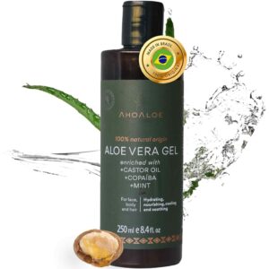 AHOALOE Brazilian Aloe Vera Gel - Multipurpose Moisturizing Natural Gel with Copaiba, Castor Oil and Fresh Mint and Natural for Face, Skin and Hair - After Sun Care, Sunburn Relief 8.4oz