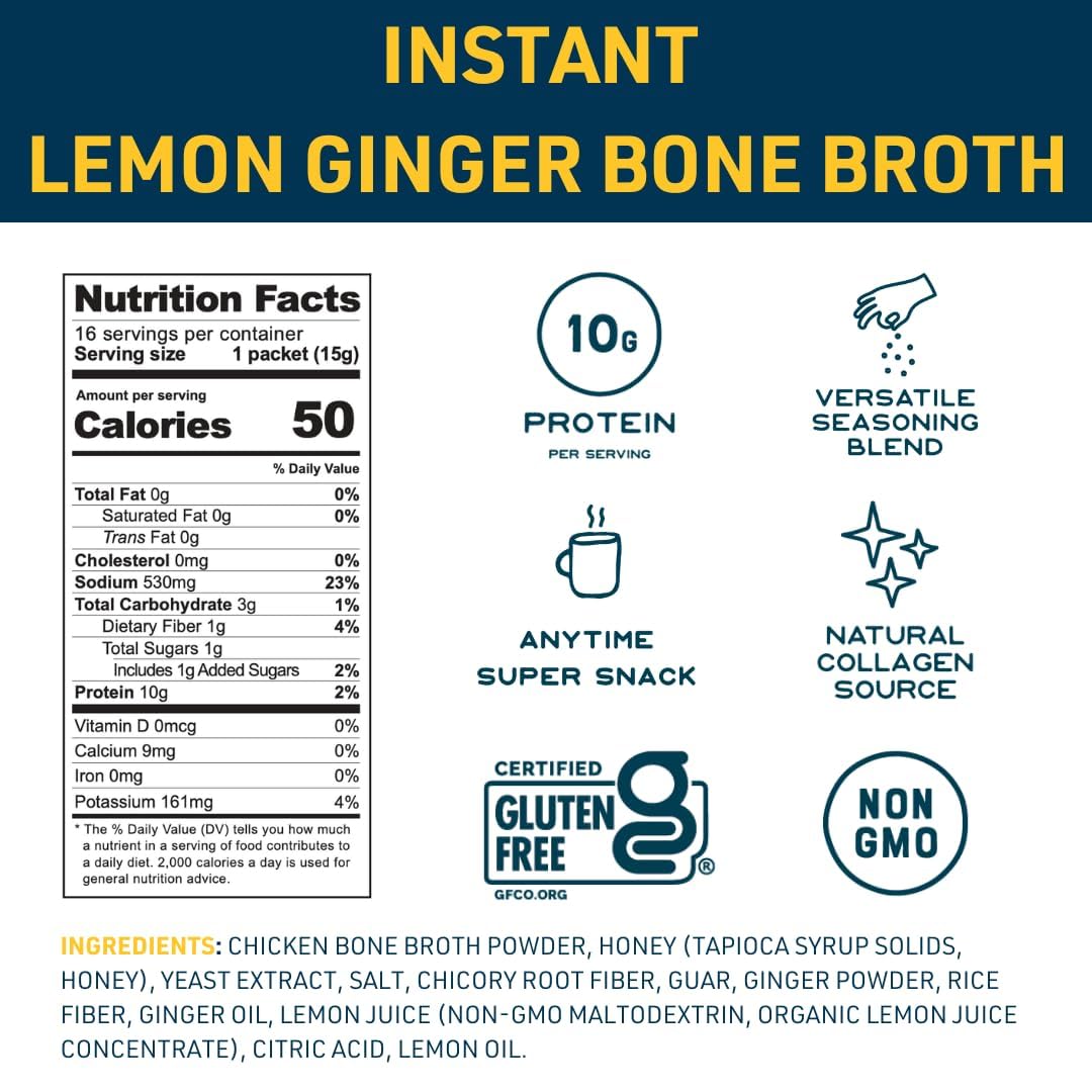 Bare Bones Instant Bone Broth Powder Mix Lemon Ginger 4 Pack Non-GMO Gluten-Free Dairy-Free - Image 2