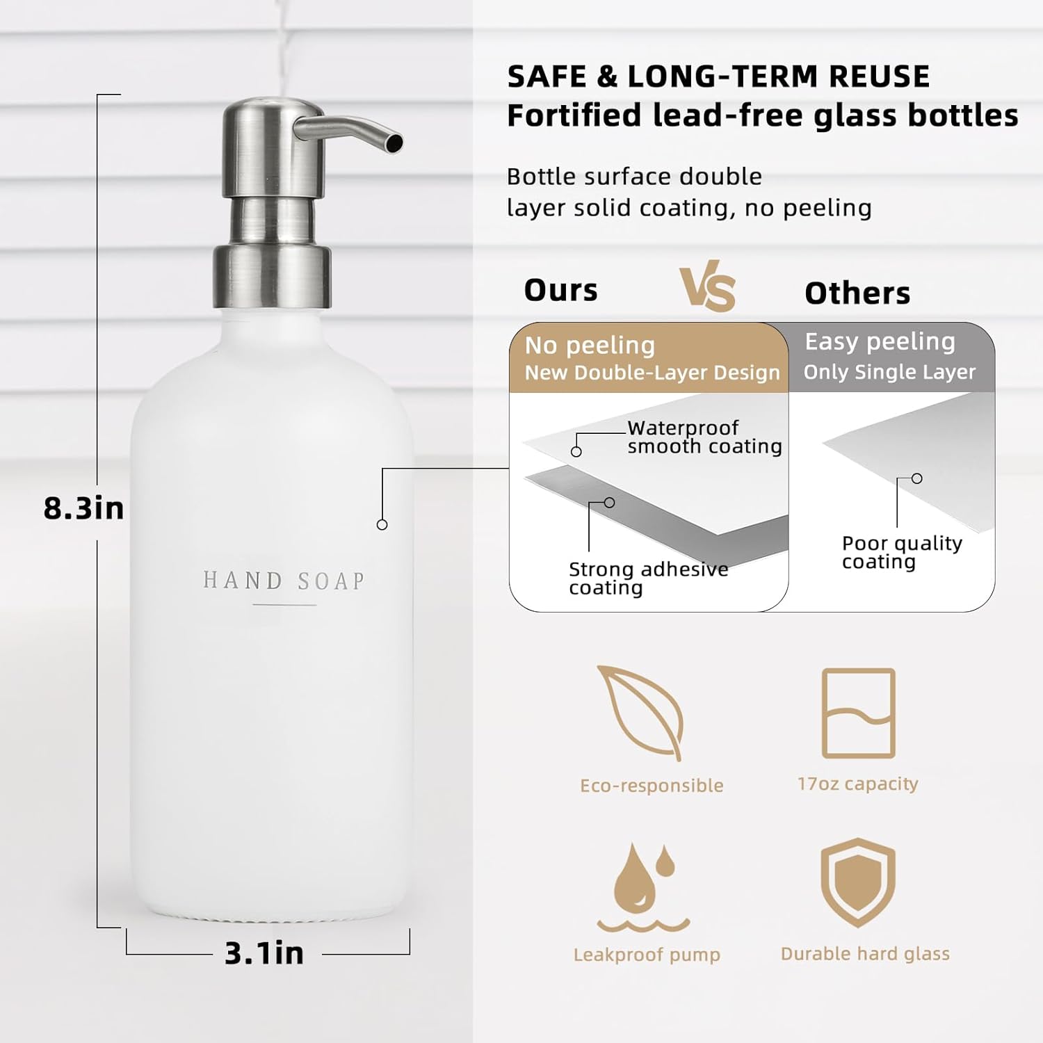 Glass Soap Dispenser Set for Kitchen and Bathroom 16 oz with 304 Rust Proof Pump and Tray - Image 3