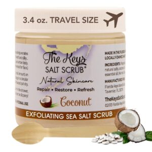 The Keys Salt Scrub - Coconut Sea Salt Scrub - Exfoliating Body Scrub Skincare with Wooden Spoon for Men & Women-Natural Moisturizing Exfoliator for Face, Hands, Foot, Bath, & Bikini Area (3.4oz)
