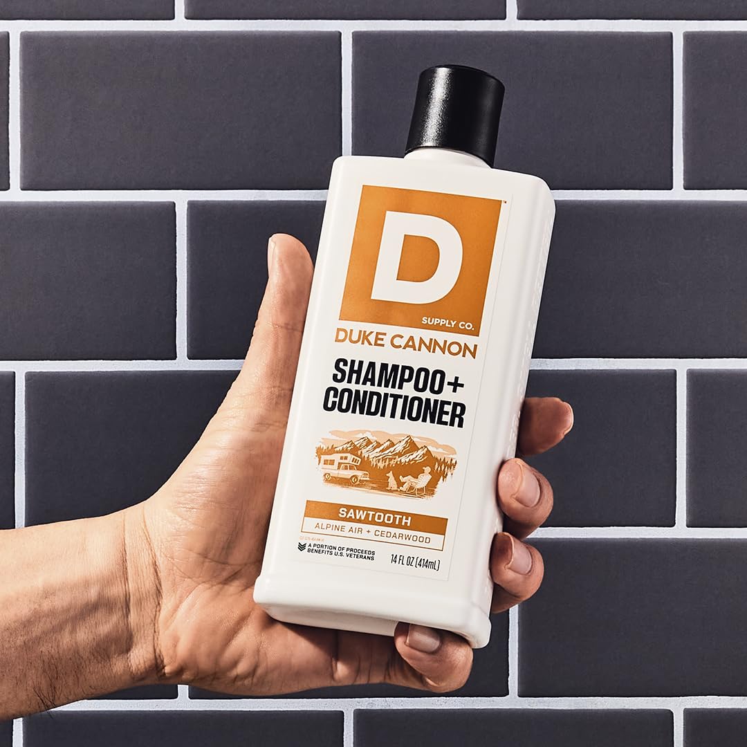 Duke Cannon Supply Co. 2-in-1 Hair Wash - Masculine Scent - Gentle Cleansing Hair Wash For Men - Stimulating Hair Shampoo & Conditioner - Strengthens Hair - Sawtooth Shampoo/Conditoner (14 oz) - Image 3