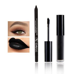 CAHIUYOA Black Matte Lipstick and Liner Set, Liquid Lipstick, Lip Gloss, Smudge Proof for Halloween Cosplay, Goth Makeup, Waterproof and Long Lasting