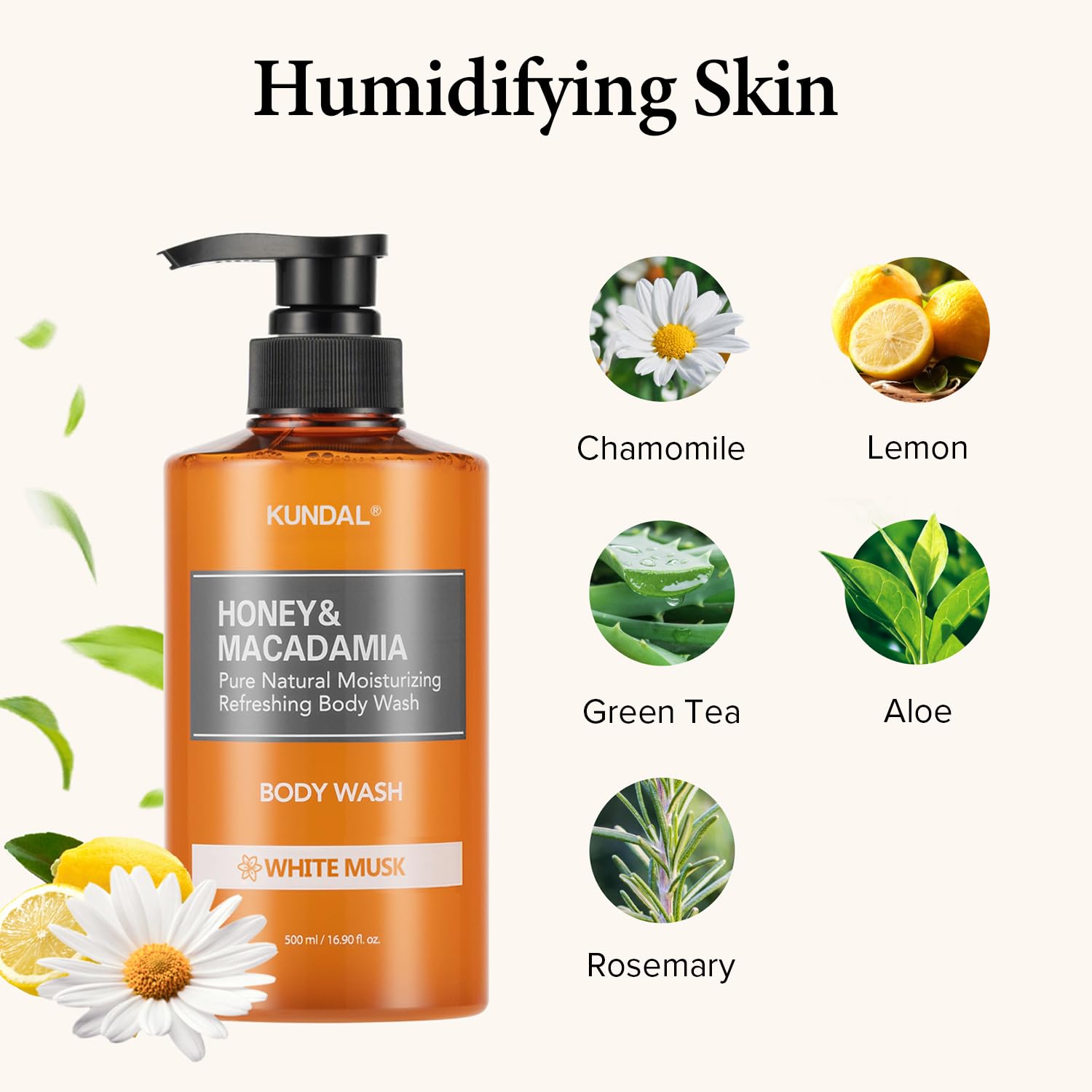KUNDAL Nature Honey & Macadamia Natural Moisturizing Body Wash Deep Nourishment, Natural Extracts Blend, 10,000 ppm Honey, Safe for All Ages, Soft & Smooth Skin 16.9 fl oz (Pack of 1) (White Musk) - Image 2