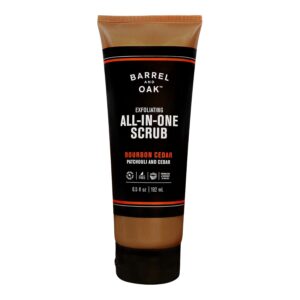 Barrel and Oak - All-In-One Exfoliating Scrub, Face & Body Scrub, Men's Exfoliator, Essential Oil-Based Scent, Cedarwood & Bourbon, Botanical Blend, Walnut Shell & White Birch (Bourbon Cedar, 6.5 oz)