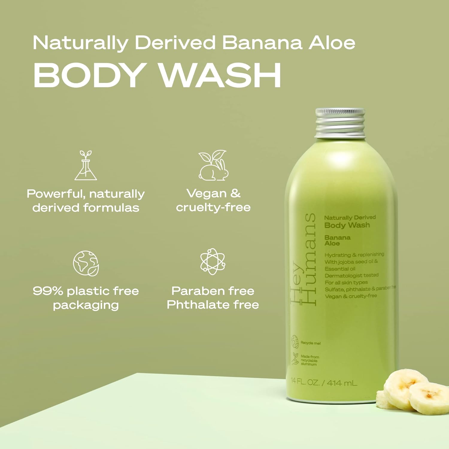 Three 14 fl. oz. bottles of Hey Humans Banana Aloe Moisturizing Body Wash with Jojoba Oil, Vegan, Sulfate-Free - Image 2