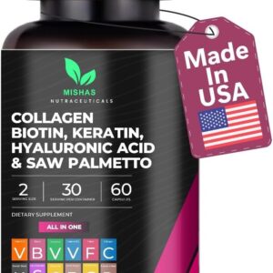 Nutraceuticals Multi Collagen Pills, Biotin, Keratin & Hyaluronic Acid, Hair Growth, Skin, Nails & DHT Blocking, Saw Palmetto, Vitamin E, Folic Acid, Pumpkin Seed, MSM - 60 Vegan Capsules