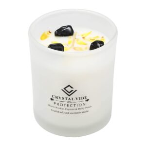Crystal Vibe Protection Crystal Candle With Black Obsidian Crystals and Daisy Petals - Natural Soy Candles - Vanilla Scented Aromatherapy Candle Gifts for Christmas Birthdays