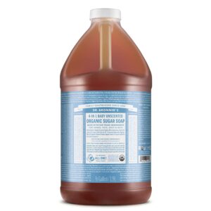 Dr. Bronner’s - Organic Sugar Soap (Baby Unscented, 64 Ounce) - Made with Organic Oils, Sugar and Shikakai Powder, 4-in-1 Use: Hands, Body, Face and Hair, Moisturizes and Nourishes, No Added Fragrance